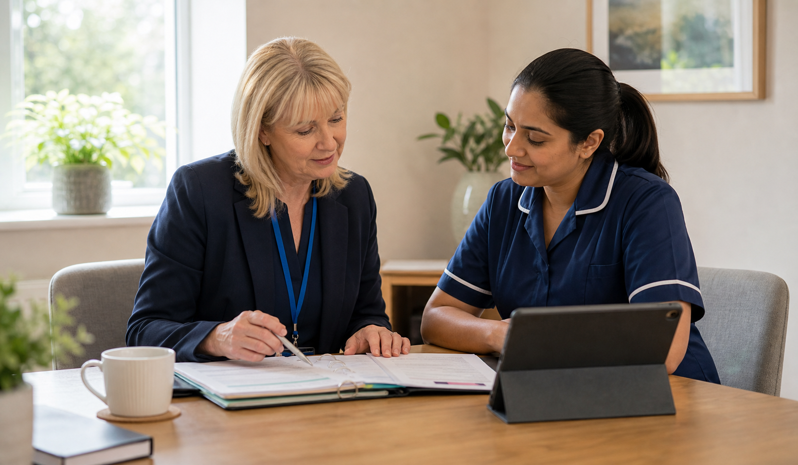 Care Ox team members reviewing a care plan for quality and safety