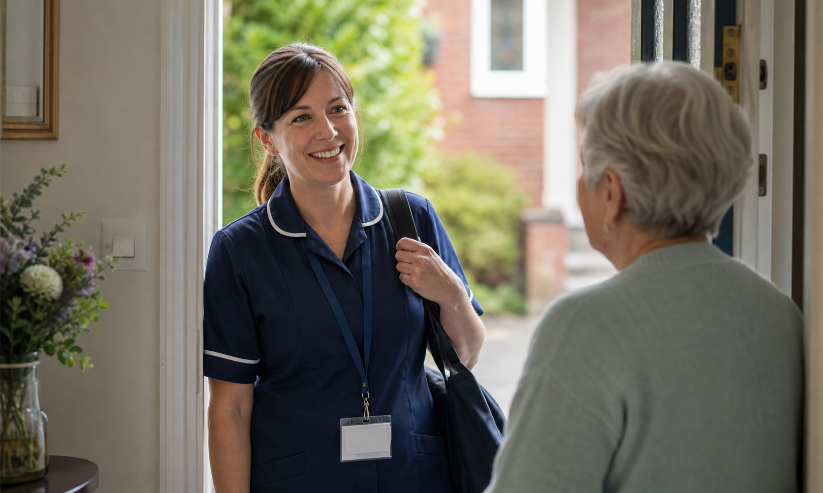 A Care Ox carer warmly greeting an older adult at home